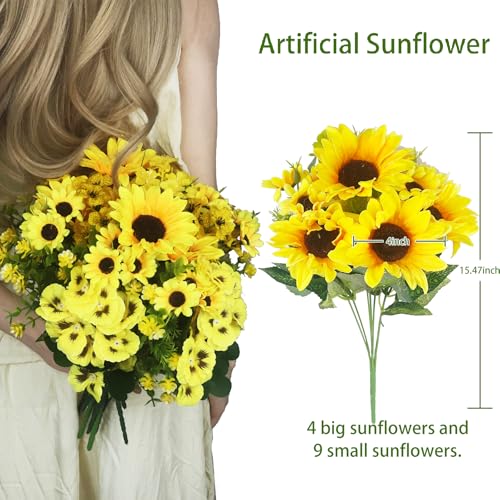 Lifelike Artificial Sunflower Bouquets, 15” Tall Silk Fake Sunflowers for Wedding Centerpieces, Home Decor, DIY Garden Craft Arrangements (2 Pack)