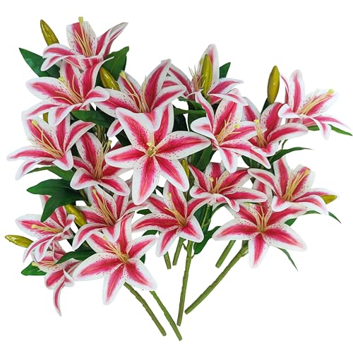ATFL Artificial Lilies Flowers,9 Pcs Faux Lily Flowers,16''Tiger Lily Branches with 2 Full Blooms and 1 Bud,Faux Fake Lilies Plants for Wedding Bouquet Floral Arrangements (9, Pink) - color: Pink
