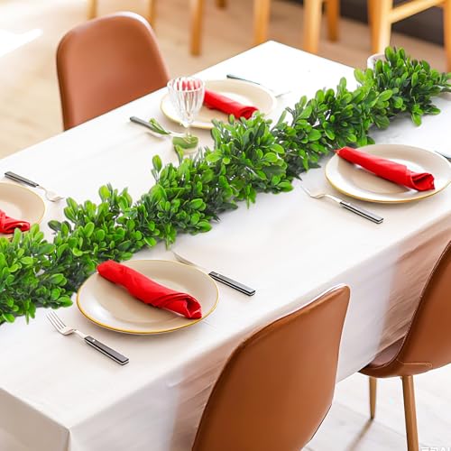 Dingion 6 ft Artificial Boxwood Garland Spring Faux Greenery Garland Preserved Green Leaves Fake Vines Hanging Plant Realistic Green Decor for UV Outdoor Indoor Wedding Backdrop Arch Wall Table