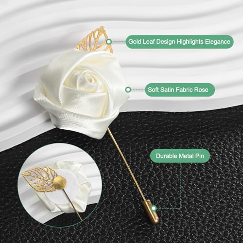 M METERXITY 1-Pack Flower Lapel Pins for Men, Golden Leaf Rose Boutonnieres Pin Groom Boutonnieres for Wedding/Dance/Party, Men Lapel Pins for Suits Satin Flower Corsage [Cream White] - color: Cream White