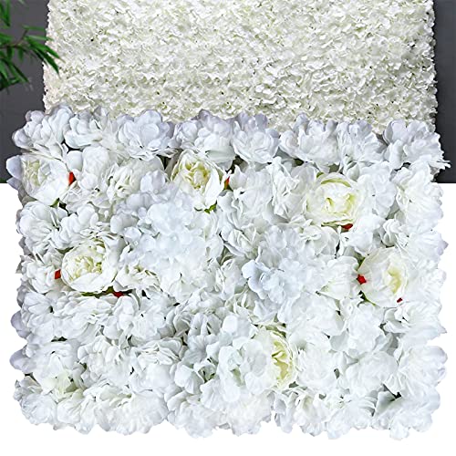 OUKANING 6 PCS Artificial Flower Wall Panels 3D Flower Wall Panel for Wall Backdrop 16" x 24" Faux Flower Wall Mat Silk Hydrangea Rose Floral Panel - color: White+Light Yellow