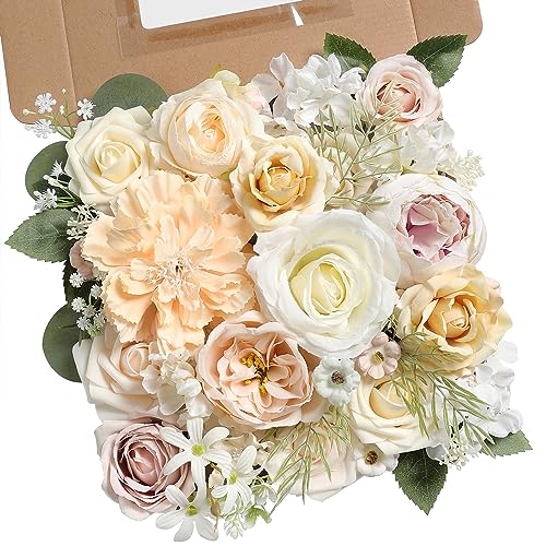 YYHUAWU Artificial Flowers Combo Set Fake Flower Leaf Box with Stems for DIY Wedding Bouquets Centerpieces Arrangements Baby Shower Party Home Decorations (Ivory & Champagne) - color: Ivory & Champagne