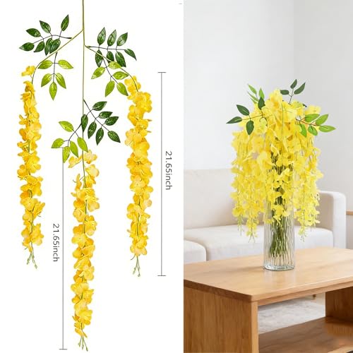 HUAHUA Artificial Wisteria Flowers, White Dense Artificial Fake Wisteria Vine Ratta Hanging Garland Silk Flowers String for Home Party Wedding Decor (24pcs-Yellow) - color: 24pcs-yellow