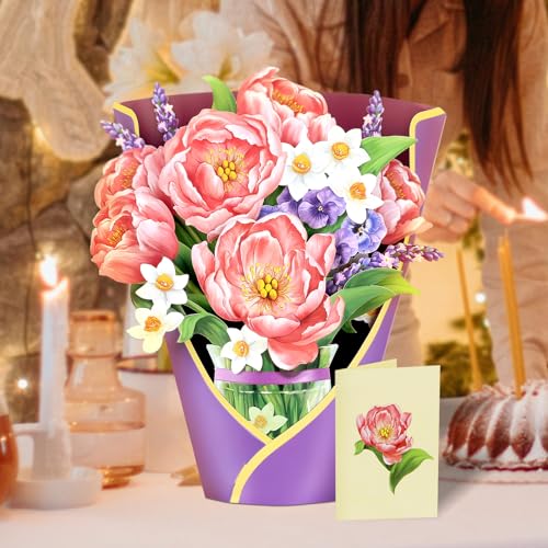 Airpark 3D Pop Up Paper Flowers Bouquet Card 12’‘ with Note & Envelope, Birthday Gifts, Get Well, Thank You, Greeting Cards for Women Mom Wife Friends, Peony Paradise - style: Peony Paradise