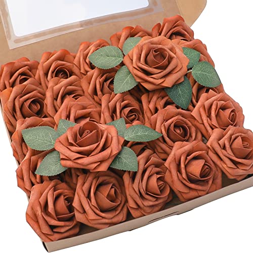 Floroom Artificial Flowers 25pcs Real Looking Burnt Orange Foam Fake Roses with Stems for DIY Terracotta Wedding Bouquets Bridal Shower Centerpieces Floral Arrangements Party Tables Home Decorations - color: Burnt Orange, size: 25Pcs