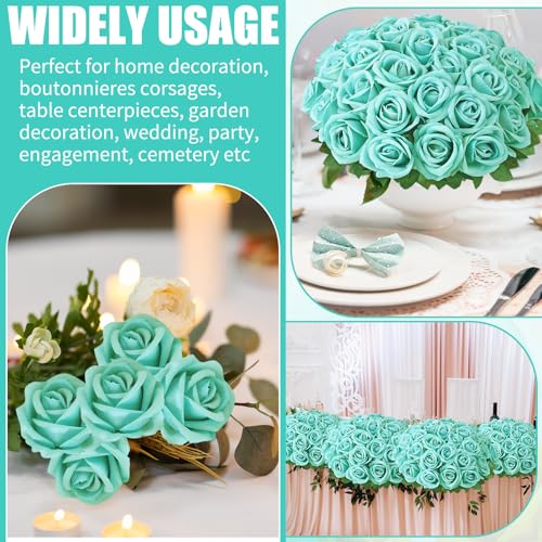 36 Pcs Velvet Texture Turquoise Artificial Flowers Bridal Bouquet, Fake Rose Long Stem Realistic Flowers Bulk for Valentine's Day Wedding Bouquet Ball Arrangement Centerpiece Party Home Decor - color: Turquoise