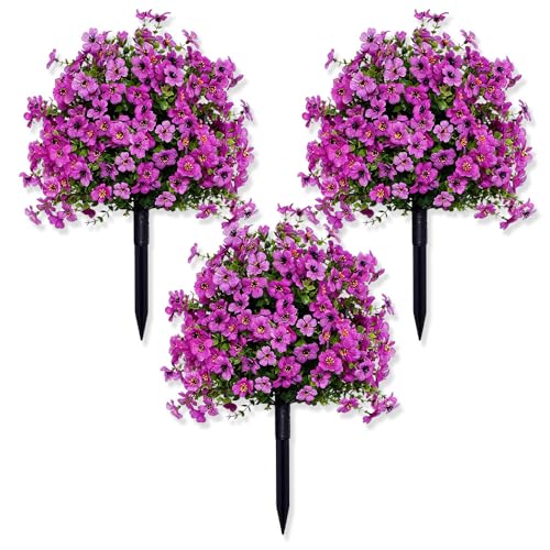 Artificial Petunias with Ground Stake - UV Resistant & Waterproof Faux Flowers for Outdoor Indoor Garden, Yard, Planter, Porch & Home Decor (Purple 3 Pcs) - color: Purple 3 Pcs