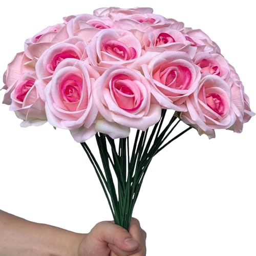 FagusHome 30 Pcs Silk Rose Artificial Flowers Roses Bulk Bouquet Fake Flowers Rose Heads with Stems for Home Wedding Decor (Pink) - color: Pink