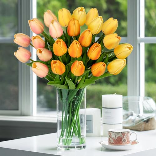 24 Pcs Artificial Tulips Flowers Mixcolor Real Touch Fake Tulips Fake Flowers for Mother's Day 13.5" Faux Tulips Faux Flowers Bulk Artificial Tulips Flowers for Vase Centerpieces Home Wedding Bouquet - color: Mixcolor Style10 #24