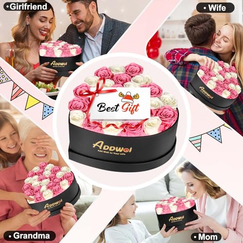 ADDWel Preserved Roses Bouquet for Her Anniversary, Birthday Flower Gifts for Women, 27-Pieces Eternal Roses with Natural Fragrance in Heart-Shape Box for Wife Girlfriend Mom - color: Pink & White - 27 Roses