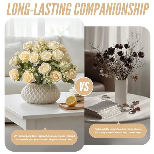 Fake Roses Champagne Roses Artificial Roses Silk Roses Artificial Roses with Stems 24 Full Flower Heads Faux Roses for Indoor Centerpieces home Wedding Farmhouse Decoration No Vase(4PCS,Champagne) - color: Champagne 4pcs