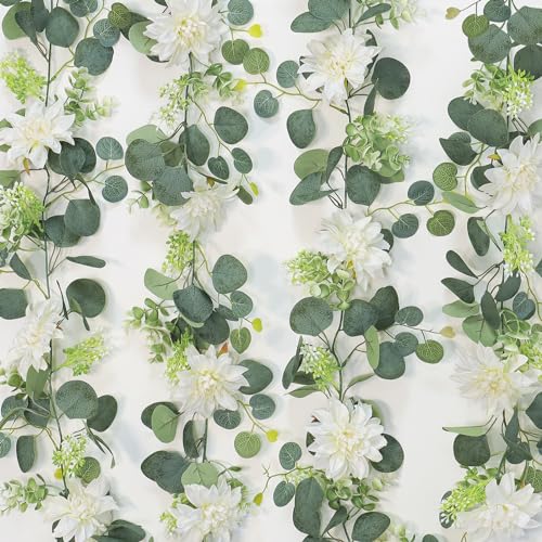 Dremisland Artificial Flowers Garlands 2 Pack 12Ft Artificial Eucalyptus Garland with Dahlia Flower Hanging Flowers Vines Spring Garland for Backdrop Wedding Arch Bedroom Home Wall Room Decor - size: 2PCS