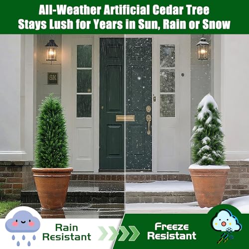 Grooy Artificial Cedar Trees, 4FT Tall Faux Tree Potted Plants with Trunk 48in Fake Cypress Tree for Indoor Outdoor Front Porch Garden Decor-2pack
