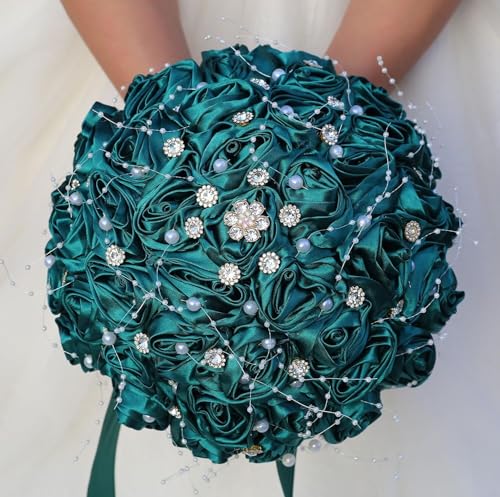 Ujicde Romantic Wedding Bouquet Bridal Bridesmaid Round Bling Brooch Bouquet Throw Toss Artificial Rose Flower Bunch with Sparkle Rhinestone Crystal Decoration(Dark Green,Dia. 6.3"*16cm) - color: Dark Green, size: Dia. 6.3"*16cm