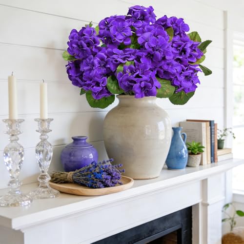 Roberly 6 Pcs Artificial Flowers for Outdoors, Purple Fake Geranium Flowers UV Resistant Realistic Silk Faux Plants for Spring Summer Front Door Yard Window Box Indoor Home Decor - color: Purple