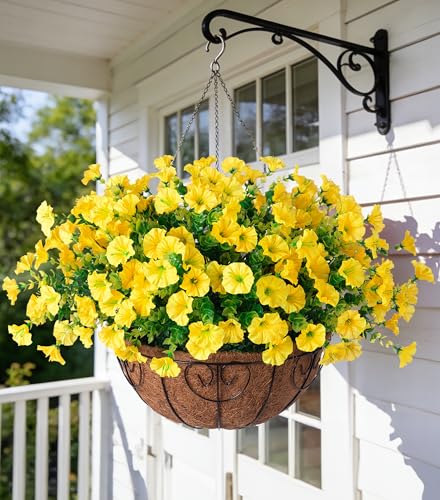 Artificial Fall Flowers Fake Hanging Plants Flowers Basket for Outdoors Autumn Decoration, Yellow Silk Morning Glory with Eucalyptus Look Real UV Resistant Faux Flowers for Outside Porch Patio Balcony - color: Yellow