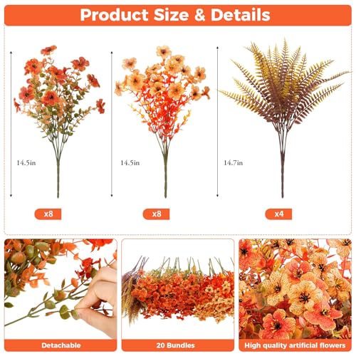 20 Bundles Artificial Fall Flowers for Outdoors Decoration, Fake Mums Silk Daisy Faux Plastic Plants Boston Fern UV Resistant for Autumn Thanksgiving Garden Planters Home Decor, Mixed Orange - color: Yellow Orange