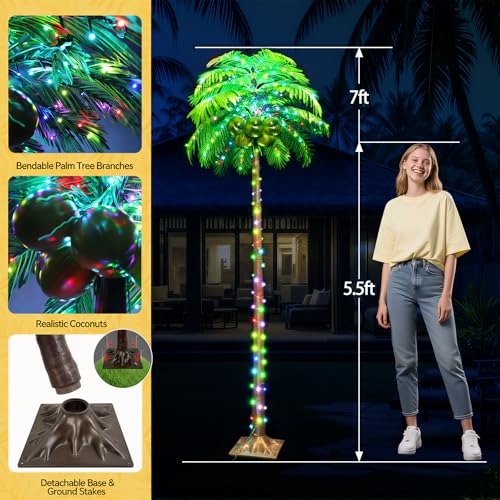 Ledido 7FT Lighted Palm Trees for Outside Patio, 35 Colors Changing Light Up Palm Trees Outdoor with Remote, Led Artificial Tree with Coconuts for Poolside Tiki Bar Yard Tropical Party Indoor Decor - color: Color Changing, size: 7ft