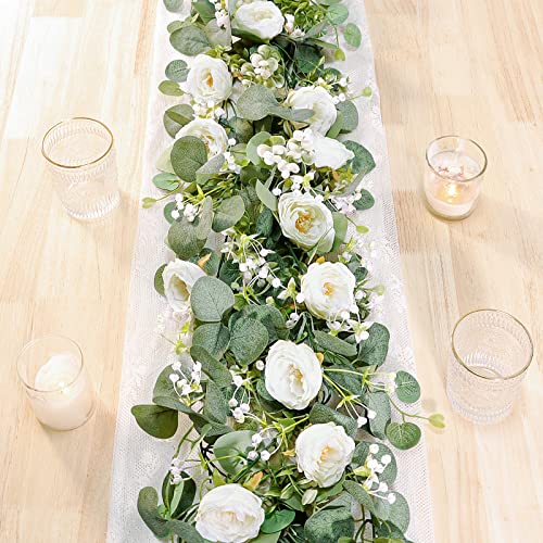 TOCHGREEN 2 Pack 13Ft Artificial Eucalyptus Flower Garland with White Roses, Fake Rose Flower Greenery Garland Floral Vines for Wedding Home Party Table Runner Decor (2PCS, White) - color: White, size: 2PCS