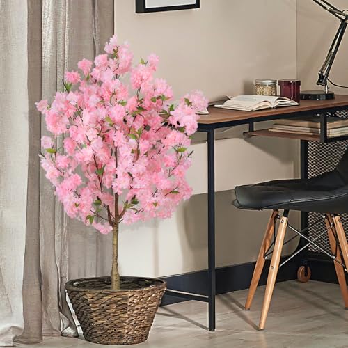 Cherry Blossom Artificial Tree, Fake Tree Faux Silk Plant with Plastic Nursery Pot, Artificial Plants for Home Office Indoor Decor (Pink, 4FT) - size: 4ft