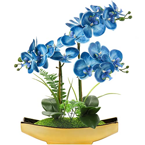 Briful Orchids Artificial Flowers 15" Blue Phalaenopsis Faux Orchid with Gold Pots Fake Orchid Fake Plant for Home Office Bedroom Christmas Table Wedding Party Decor - color: Blue#3