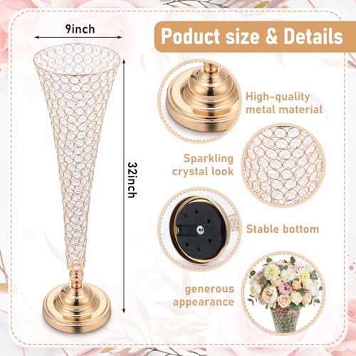 LemonRoad 2 Pcs 32 Inch Tall Gold Crystal Trumpet Vase for Centerpiece Wedding Extra Large Crystal Beaded Flower Vase with Metal Base for Table Floor Party Anniversary Birthday Banquet Celebration