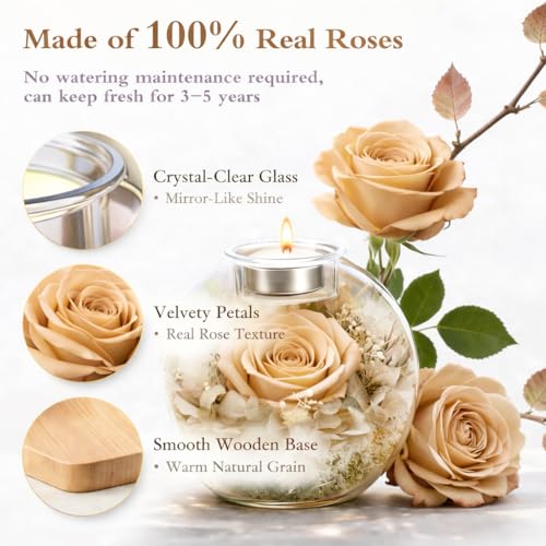 Preserved Real Rose in Glass with Scented Candles for Mom Her Wife Girlfriend Grandma Birthday Anniversary Romantic - color: Zenith Champagne