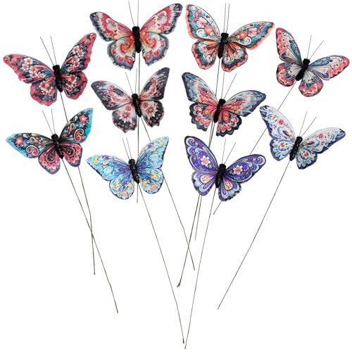 Cartanfill- Artificial Feather Simulation Butterfly Party Decoration Set, a Set of 10 Pieces with Clips, Used for Home Decoration in 10 Colors.… (G Wire) - color: G Wire