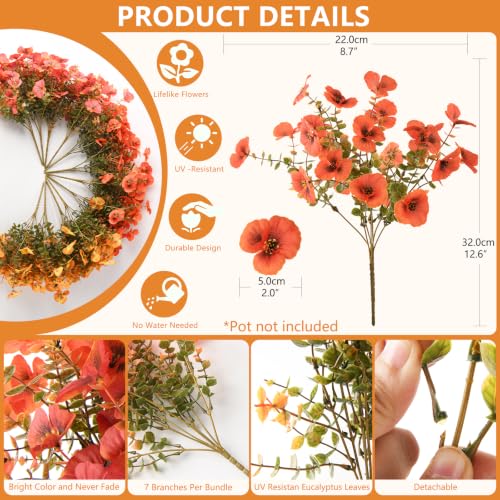 Artificial Fall Flowers for Outdoor, 12 Bundles Faux Pansy Fake Mums Flowers Plants Outdoor Fall Decor, UV Resistant No Fade Silk Flower for Porch Planter Patio Yard Garden(Orange Autumn Sunset Red) - color: Orange Autumn Sunset Red