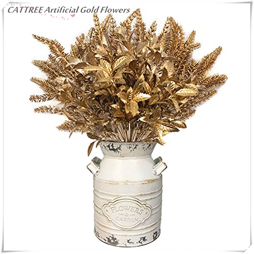 CATTREE Artificial Gold Plants, Plastic Leaves Golden 4 Pack, Fake Grass Faux Shrubs Bushes for Home Indoor Outdoor Garden Leaf Wedding Christmas Festival Decoration Hall Table Planter Filler - color: Gold Leaves Grass-2 Pcs & Gold Lavender-2 Pcs