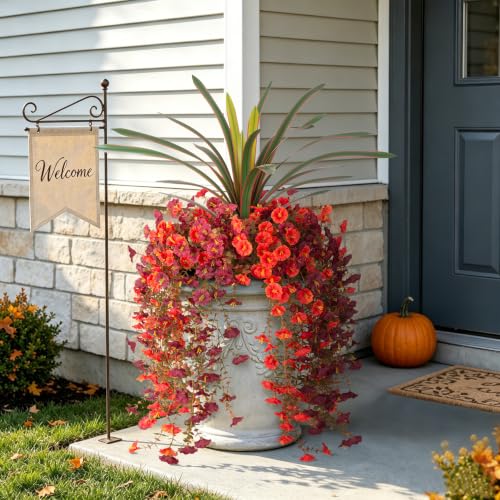 8 PCS Fall Artificial Morning Glory Flowers for Outdoors+Ochid Fake plants | UV Resistant Weatherproof for Indoor Outdoor Garden Patio Window Box Home Decor - color: Orange Brown Red-edged Orchid Plant