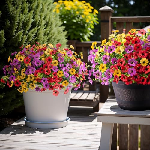 Artificial Flowers for Outdoors Potted Spring Decor, 12 Bundles Fake Summer Daisy with Realistic Eucalyptus Leaves, Faux Plants for Greenery Boxwood Porch Patio Garden Pot Lawn(Red Purple Yellow) - color: Red Purple Yellow