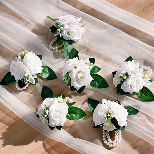 Ivory White Wrist Corsages 6Pcs Faux Rose for Wedding Prom | Artificial Corsage for Prom Wedding Anniversary Dinner Party Homecoming Formal Engagement Graduation for Bride Bridesmaid - color: 6 Pcs Wrist Corsages White#2