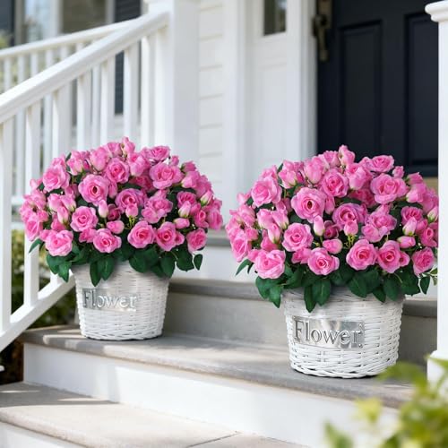 Juxdp 2 Set of Artificial Rose Topiary Trees - Faux Silk Flower Potted Plant, UV Resistant Fake Outdoor Rose Bush for Front Door, Farmhouse, Porch, Garden Decor (Pink) - color: Pink