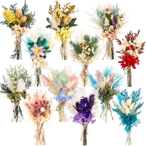 Layhit 12 Pcs Boho Dried Flower Bouquet Mini Wedding Handmade Dry Flowers Decor for Vase Crafts DIY Photo Boutonniere for Men Floral Plant for Bridesmaid Gift Birthday Decor(Hydrangea) - style: Hydrangea