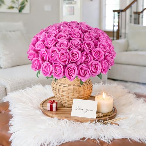 HyeFlora 50 PCS Roses Artificial Flowers, Fake Roses with Stem Realistic Hot Pink Silk Rose for DIY Wedding Bouquets Table Centerpieces Arrangements Baby Shower Birthday Home Decor for Her - color: Rose Red