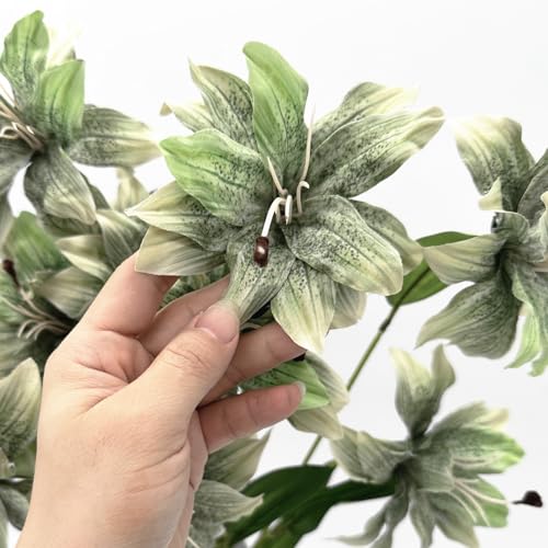 Artificial Lily Flowers Fake Silk Flower Plastic Stems Faux Bloom Stargazer Lilies Plant for Wedding Bouquet Party Garden Hotel Home Decor Vase Floral Arrangements 4 Pack (Green) Total 12 Flower Heads - color: Silk Flowers / Green / 4 Pack