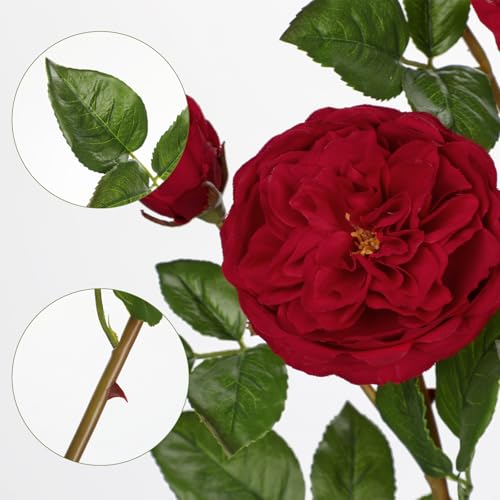 Real Touch Artificial Roses (Set of 3) – 23.6" Long Stem Red Garden Roses – Lifelike Faux Silk Flowers for Wedding Bouquets, Home Décor, Centerpieces & Floral Arrangements - color: Crimson Red, size: 3 PCS