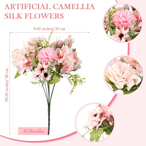 Tigeen Peonies Artificial Flowers Faux Roses Silk Flowers Hydrangea Artificial Bouquet for Wedding Table Centerpiece Floral Vase Home Office Bridal Decor(Pink,12 Bundles) - color: Pink