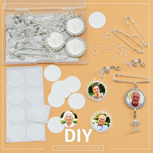 AOUXSEEM Wedding Bouquet Photo Charm Sublimation Blanks,Memorial Keepsake Brooch Making Kit for Mother/Father of Bride,Custom Bridal Boutonniere Pin, Something Blue Funeral Death Anniversary (12 Sets)
