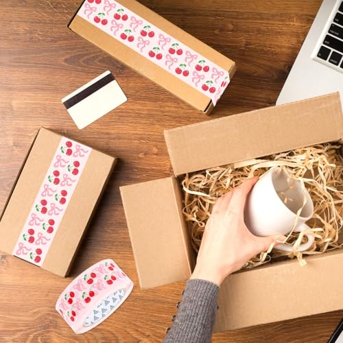 Whaline Cherry Bow Packing Tape 100 Yard Pink Coquette Sticky Wrapping Tape Waterproof Shipping Tapes for Small Business DIY Crafts Box Supplies - style: Cherry