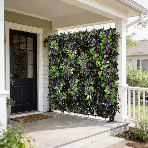 Expandable Privacy Screen with Artificial Flower for Balcony Patio Fence Greenery Privacy Fence Outdoor Leafy Purple Rose 1pcs - color: Leafy Purple Rose, size: 1pcs