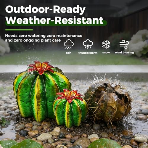 KODIBO Metal Cactus Yard Art, 4-Pack Desert Steel Garden Decor, Artificial Barrel Cactus with Flower Tops, Weather-Resistant Garden Sculptures & Statues, Outdoor Decorations for Patio Lawn Porch - color: Barrel Cactus: 4-pack