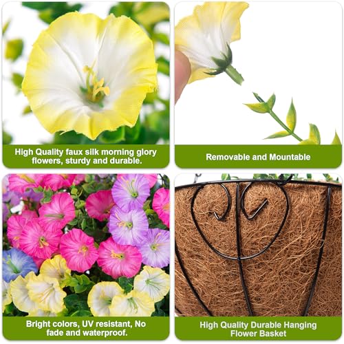 Artificial Fake Hanging Flowers Baskets for Outdoors Faux Plants Spring Outside Decor, UV Resistant Silk Morning Glory Flowers in Planter Realistic Petunias for Outdoor Porch Patio Garden Yard Home - color: B 4 Multicolor