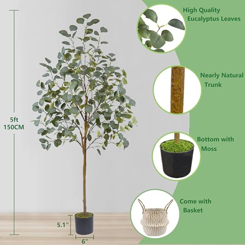 Warmplants Artificial Eucalyptus Tree, 5ft Tall Mordern Fake Eucalyptus Plant with Basket, Green Silk Leaves Perfect Faux Trees for Home Office Livingroom Floor Decor Indoor Outdoor - size: 5ft