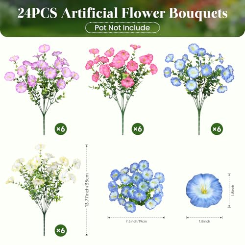 Alupssuc 24 Bundles Artificial Flowers for Outdoors, Faux Spring Flowers for Decoration, UV Resistant Silk Morning Glory with Eucalyptus Realistic Fake Flowers for Yard Planter, 4 Gradien Colors - color: 4 Gradient Color