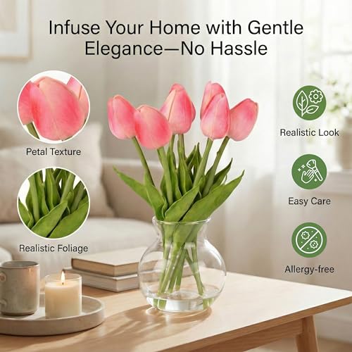 Realistic Fake Flowers Artificial Tulip Arrangement with Glass Vase, Adjustable Stems, for Home Living Room Table Office Wedding Decoration（Pink） - color: Pink