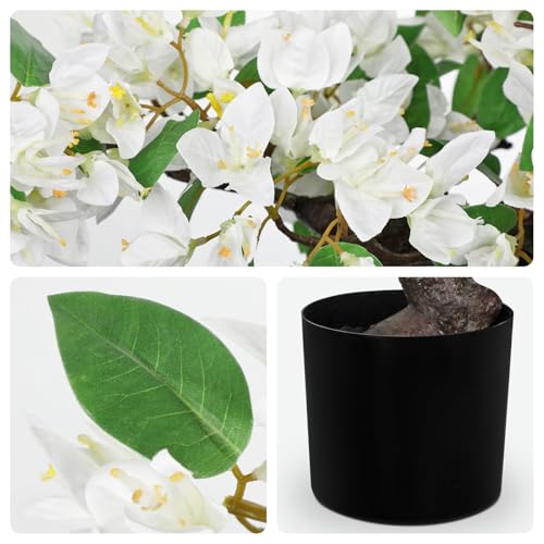 Briful Artificial Bougainvillea Flower Plant 20.8" Bougainvillea Bonsai Tree with Black Pot Silk Bougainvillea Floral Centerpiece for Home Office Room Table Shelf Mantle Decor(White) - color: White