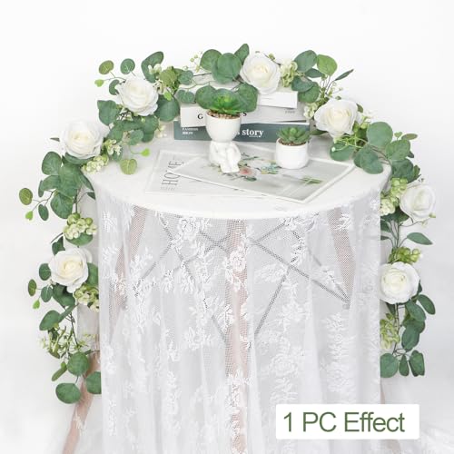 TOCHGREEN 4Pcs(26 Ft) Artificial Eucalyptus & White Rose Flower Garland, Faux Rose Vine & Gypsophila Greenery for Party & Wedding Decor (White, 4PCS) - color: White, size: 4PCS