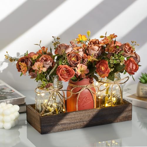 3 Pcs Mason Jar Centerpiece Table Decorations for Dining Table Decor Farmhouse Coffee Table Decor with Wood Tray and Led Light Table Centerpieces for Dining room Kitchen Living Bathroom,Orange - color: orange